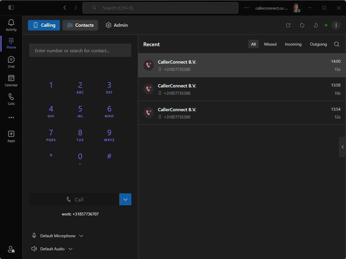 Phone calling tab inside Microsoft Teams